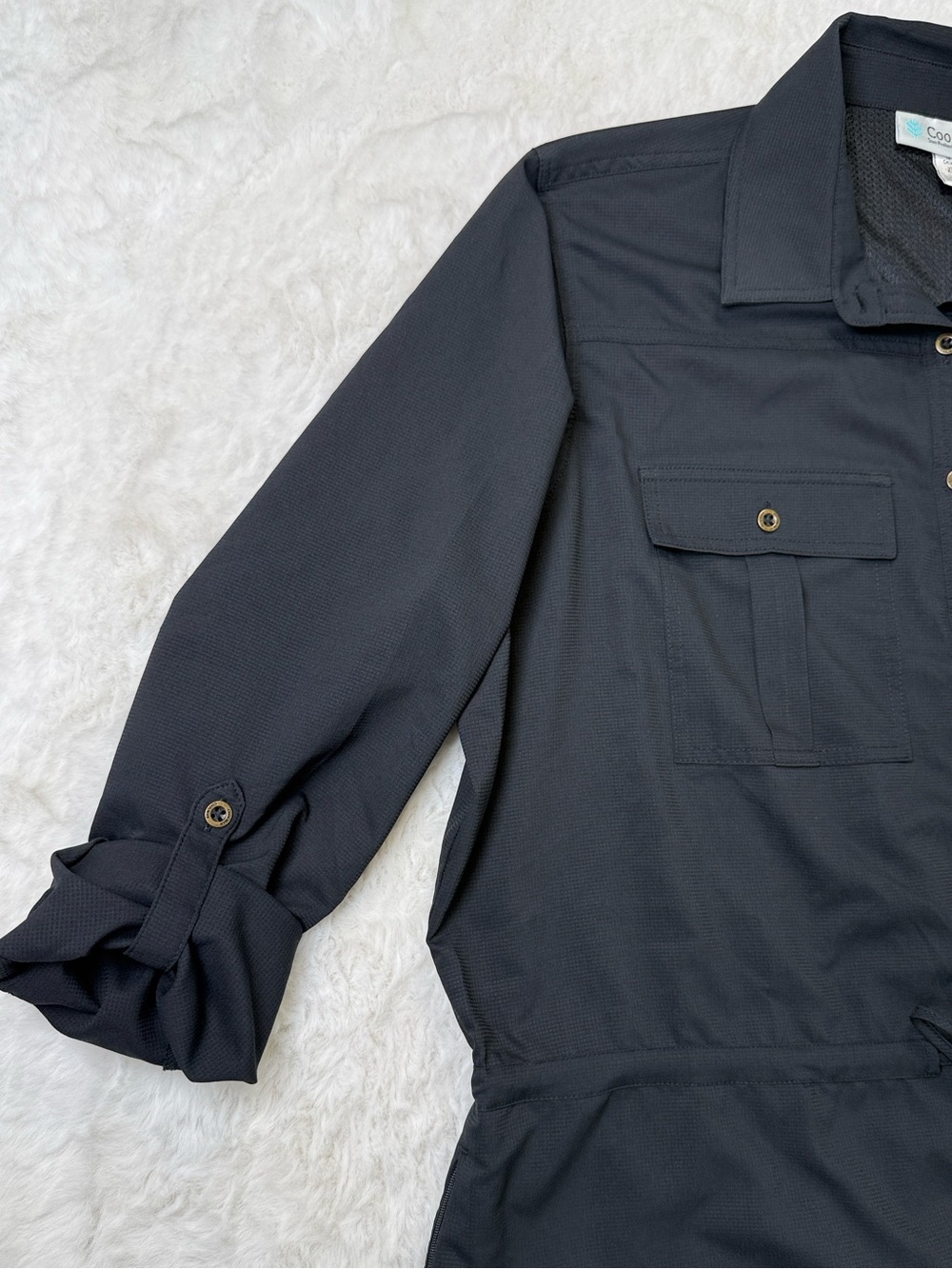Coolibar Napa Travel Button Up Shirt Dress XL Black RollTab Sleeve UPF50 Classic - Picture 11 of 16